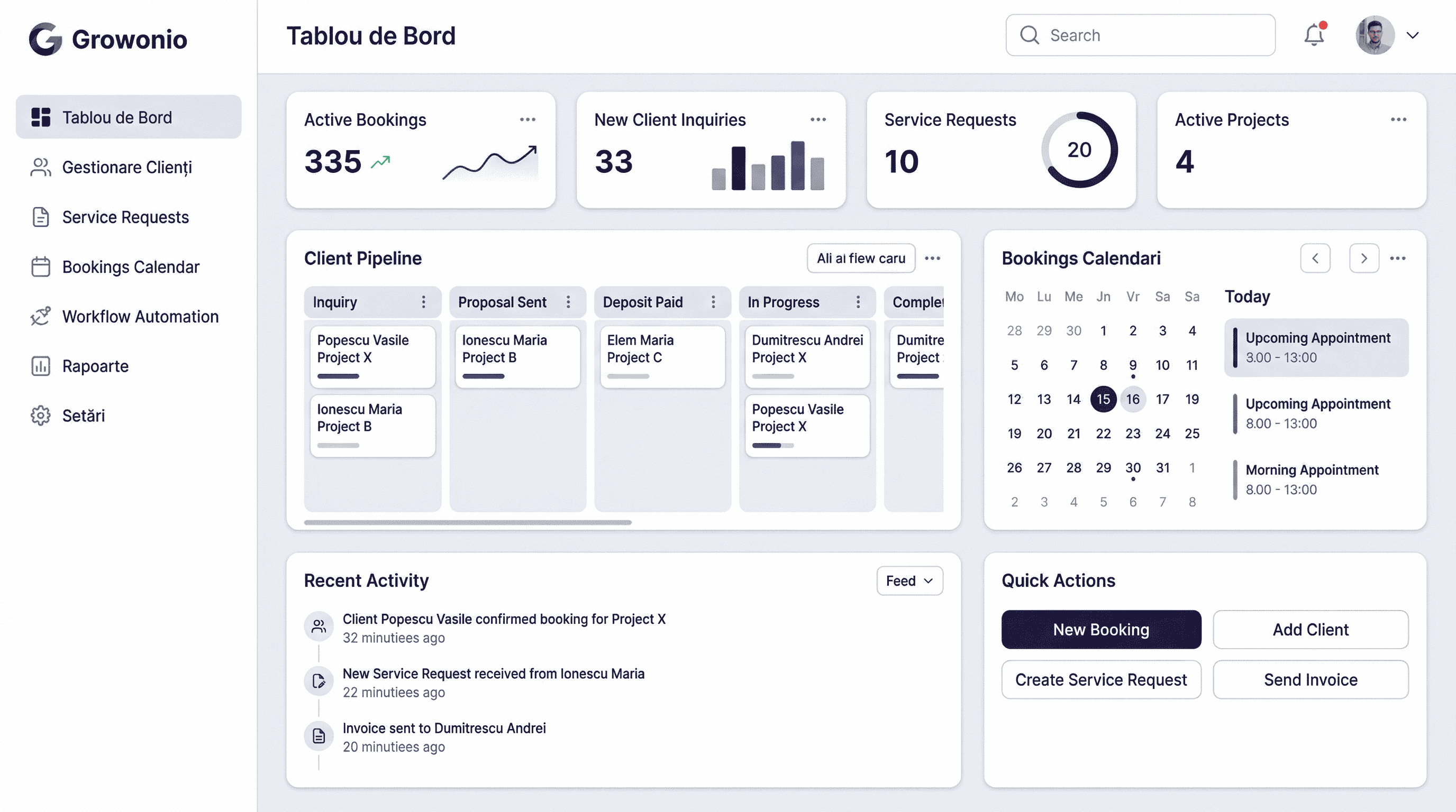 Dashboard Growonio pe desktop pentru programări, pipeline de clienți și administrarea fluxurilor operaționale